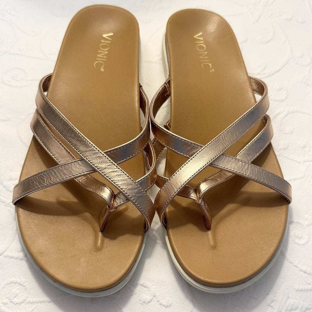Vionic Women's Palm Daisy Metallic Toe-Post Sandal Rose Gold Size 9 M